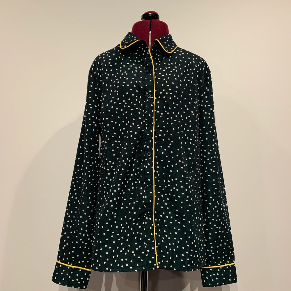 Green button up with with white polka dots